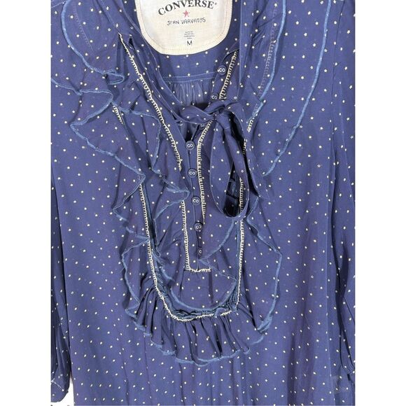 Converse x John Varvatos Silk polka dot printed ruffle front blouse size M - Picture 3 of 5